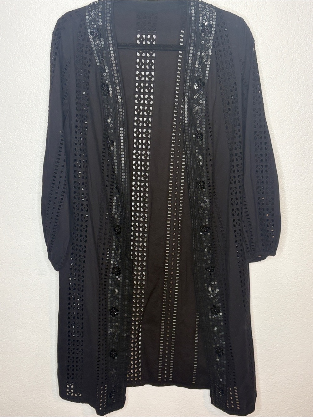 Black Eyelet Sequined & Beaded Long Line Topper